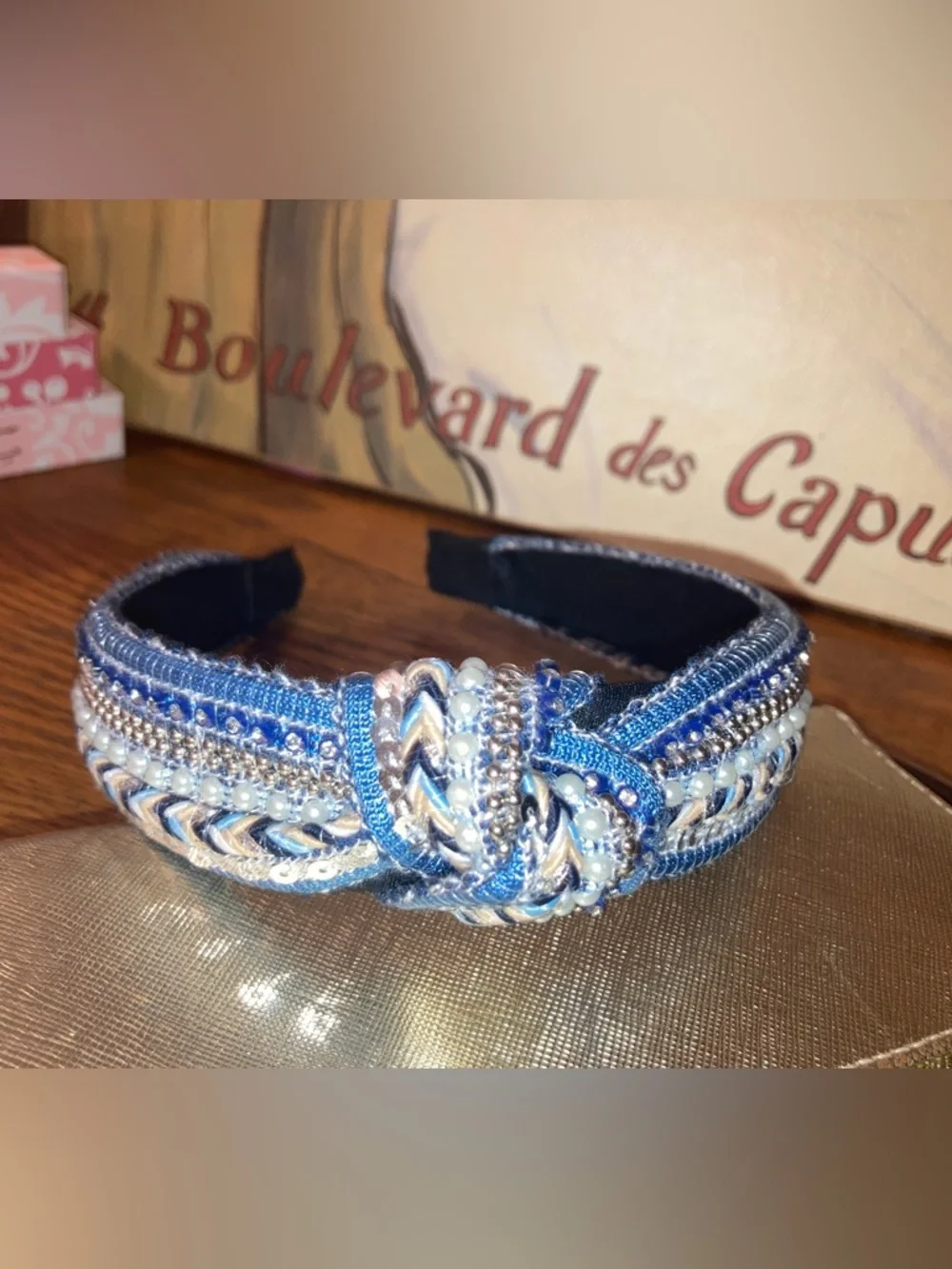 Top Knot Embellished Headband - Blue/tan and more -